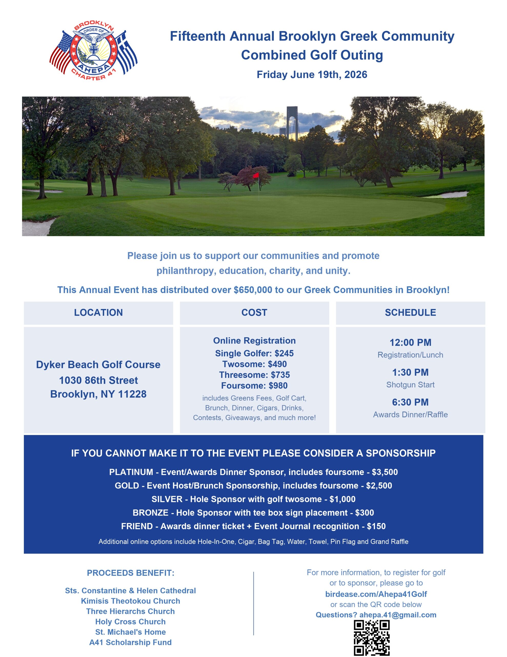 AHEPA Brooklyn Chapter 41 - 15th Annual Brooklyn Greek Community Combined Golf Outing flyer, Friday June 19, 2026, Dyker Beach Golf Course